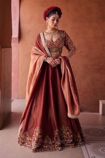 Shop_Kapda Dori_Maroon Sequins, Embroidery, Mirrors Plunge Neck Work Lehenga Set _Online_at_Aza_Fashions