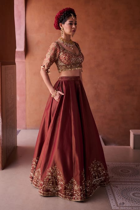 Kapda Dori_Maroon Sequins, Embroidery, Mirrors Plunge Neck Work Lehenga Set _at_Aza_Fashions