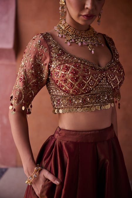 Buy_Kapda Dori_Maroon Sequins, Embroidery, Mirrors Plunge Neck Work Lehenga Set 