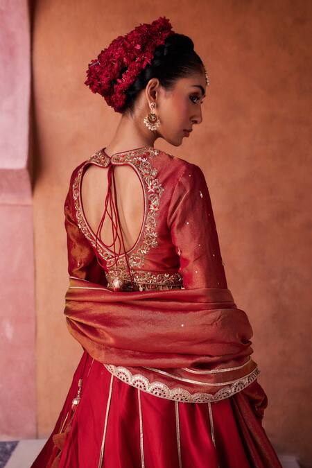 Buy_Kapda Dori_Maroon Sequins, Pearls, Zari Round Neck Embroidered Lehenga Set _Online_at_Aza_Fashions