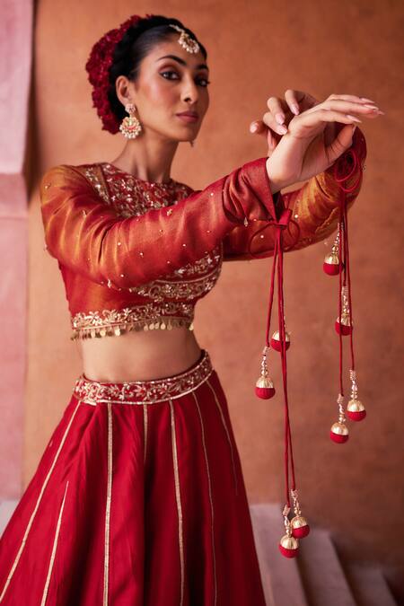 Shop_Kapda Dori_Maroon Sequins, Pearls, Zari Round Neck Embroidered Lehenga Set _Online_at_Aza_Fashions