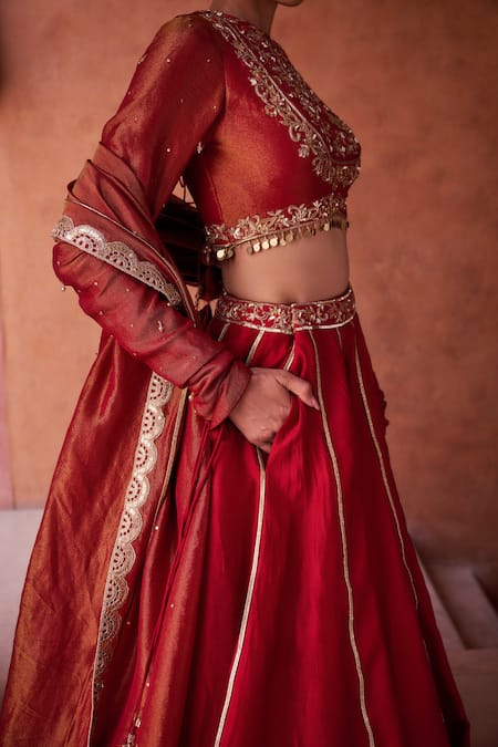 Kapda Dori_Maroon Sequins, Pearls, Zari Round Neck Embroidered Lehenga Set _at_Aza_Fashions