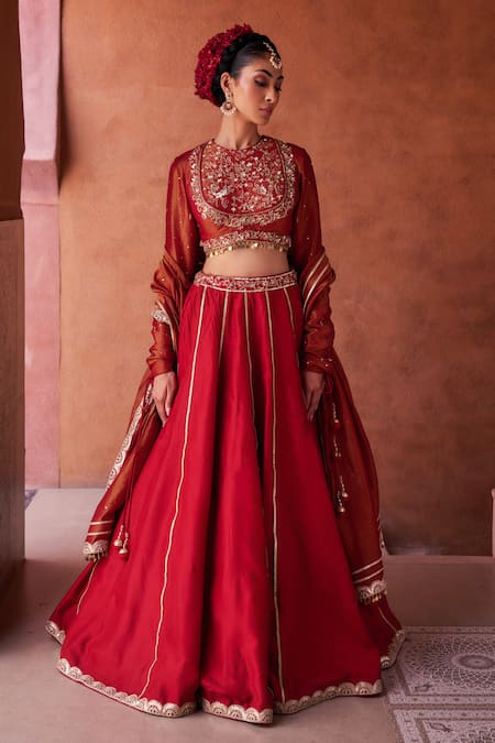 Kapda Dori Maroon Sequins, Pearls, Zari Round Neck Embroidered Lehenga Set