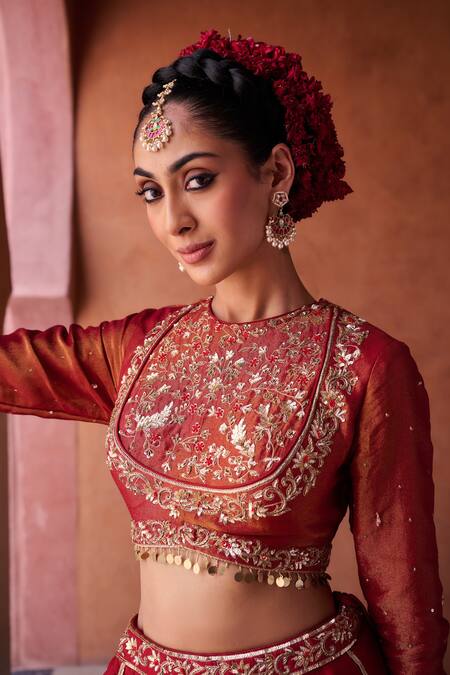 Shop_Kapda Dori_Maroon Sequins, Pearls, Zari Round Neck Embroidered Lehenga Set 