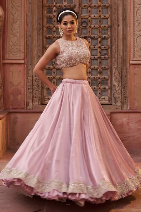 Shop_Kapda Dori_Blush Zari, Sequins, Pearls Round Neck Pink Embellished Lehenga Set _Online_at_Aza_Fashions
