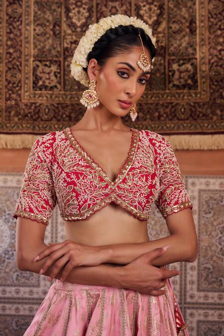 Buy_Kapda Dori_Fuchsia Sequins, Pearls V-neck Banarsi Silk Lehenga Set _Online_at_Aza_Fashions