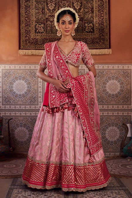 Kapda Dori Fuchsia Sequins, Pearls V-neck Banarsi Silk Lehenga Set
