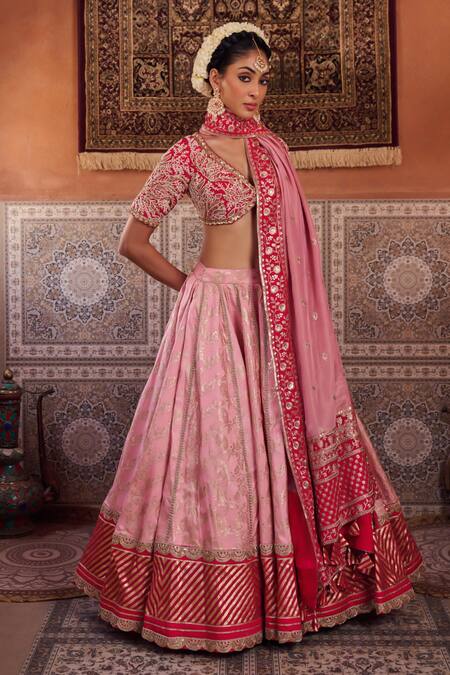 Kapda Dori_Fuchsia Sequins, Pearls V-neck Banarsi Silk Lehenga Set _at_Aza_Fashions