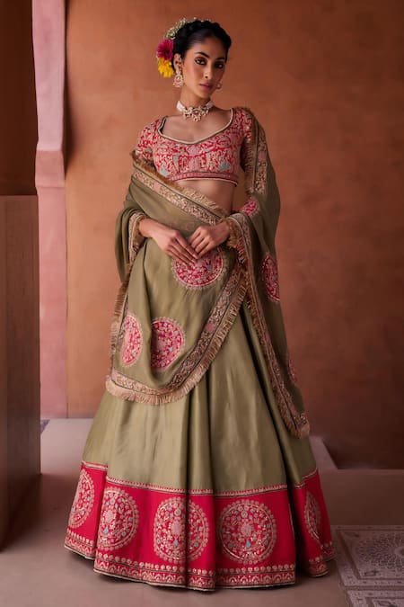 Kapda Dori Green Organza, Silk Sequins, Pearls, Sage And Fuchsia Embroidered Lehenga Set