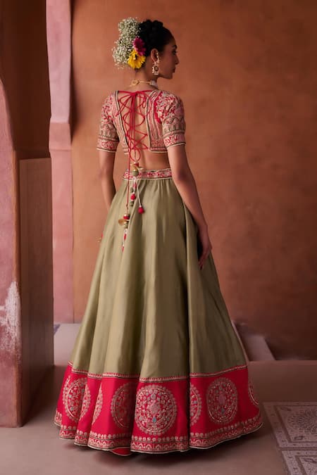 Kapda Dori Sage Green & Fuchsia Embroidered Lehenga Set 