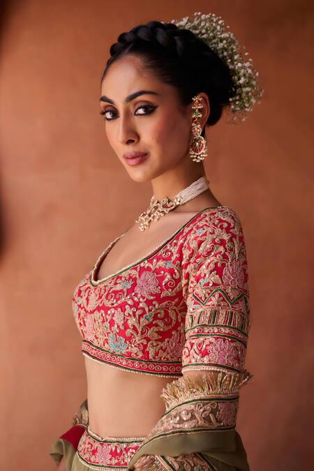 Buy_Kapda Dori_Green Organza, Silk Sequins, Pearls, Sage And Fuchsia Embroidered Lehenga Set _Online_at_Aza_Fashions