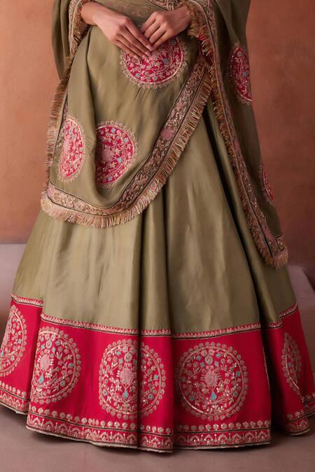 Shop_Kapda Dori_Green Organza, Silk Sequins, Pearls, Sage And Fuchsia Embroidered Lehenga Set _Online_at_Aza_Fashions