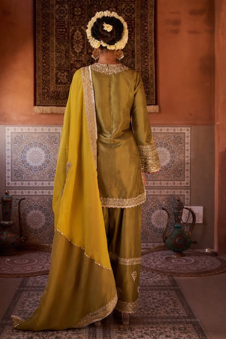 Kapda Dori Sage Green & Mustard Silk Kurta Set 