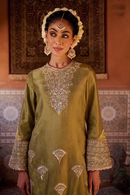 Kapda Dori_Green Organza, Silk Sequins, Embroidery Round Neck Sage And Mustard Kurta Set _Online_at_Aza_Fashions