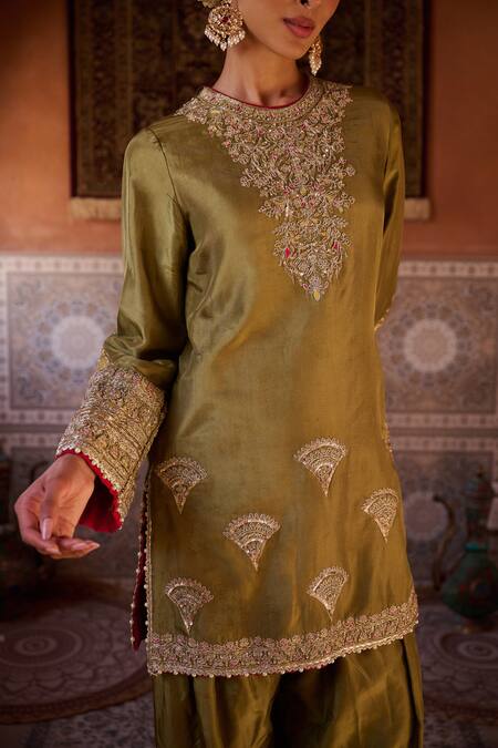 Buy_Kapda Dori_Green Organza, Silk Sequins, Embroidery Round Neck Sage And Mustard Kurta Set _Online_at_Aza_Fashions