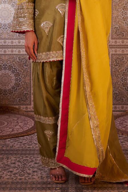 Shop_Kapda Dori_Green Organza, Silk Sequins, Embroidery Round Neck Sage And Mustard Kurta Set _Online_at_Aza_Fashions