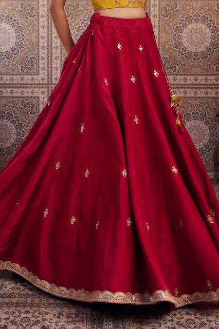 Kapda Dori_Mustard Organza, Silk Sequins, Zari, Beads Yellow And Raspberry Wine Lehenga Set _Online_at_Aza_Fashions