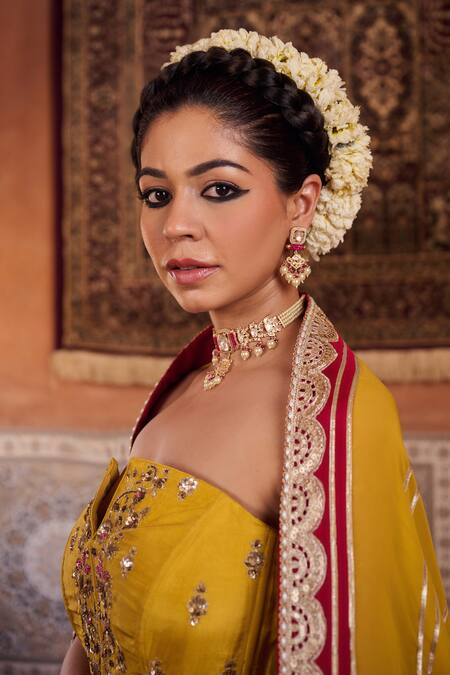 Buy_Kapda Dori_Mustard Organza, Silk Sequins, Zari, Beads Yellow And Raspberry Wine Lehenga Set _Online_at_Aza_Fashions