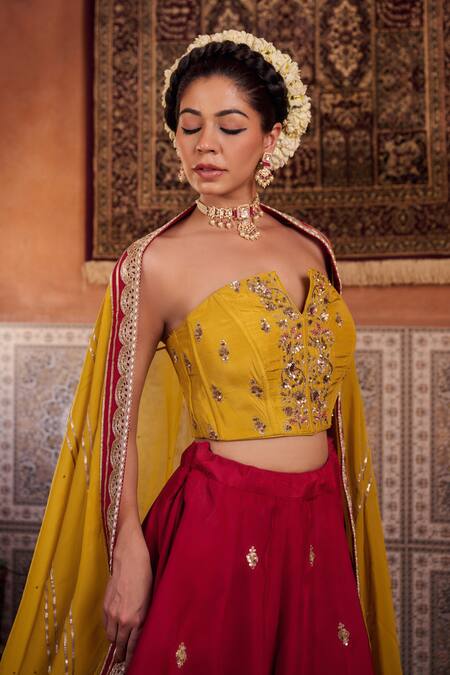Shop_Kapda Dori_Mustard Organza, Silk Sequins, Zari, Beads Yellow And Raspberry Wine Lehenga Set _Online_at_Aza_Fashions