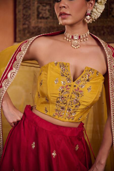Kapda Dori_Mustard Organza, Silk Sequins, Zari, Beads Yellow And Raspberry Wine Lehenga Set _at_Aza_Fashions