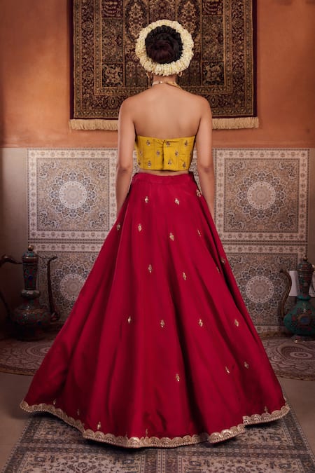 Kapda Dori Mustard Yellow & Raspberry Wine Lehenga Set 
