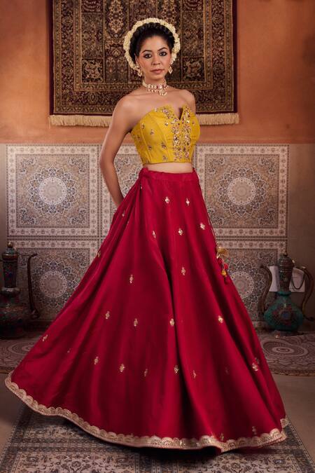 Buy_Kapda Dori_Mustard Organza, Silk Sequins, Zari, Beads Yellow And Raspberry Wine Lehenga Set 