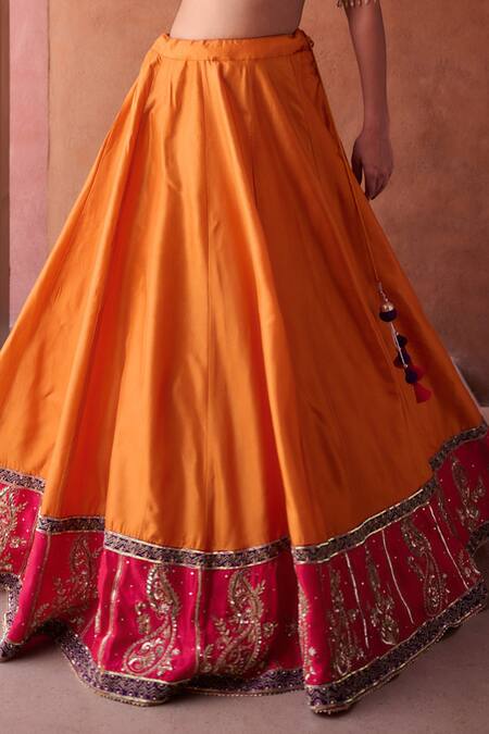 Buy_Kapda Dori_Rust Silk, Organza Beads, Sequins, Cut Work Orange And Magenta Pink Lehenga Set _Online_at_Aza_Fashions