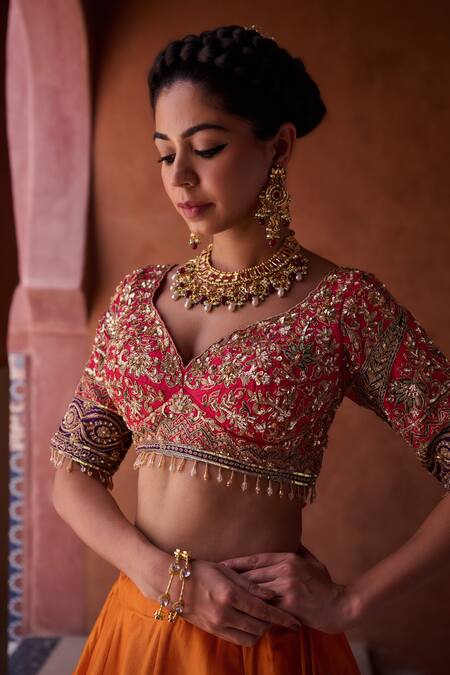 Kapda Dori_Rust Silk, Organza Beads, Sequins, Cut Work Orange And Magenta Pink Lehenga Set _at_Aza_Fashions