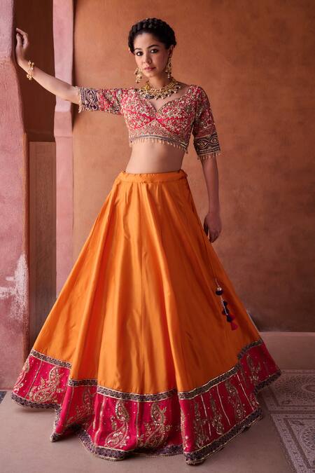 Buy_Kapda Dori_Rust Silk, Organza Beads, Sequins, Cut Work Orange And Magenta Pink Lehenga Set 