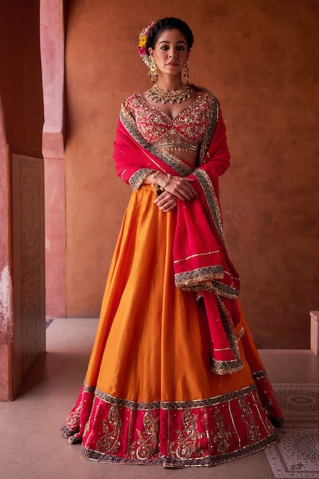 Kapda Dori Rust Silk, Organza Beads, Sequins, Cut Work Orange And Magenta Pink Lehenga Set 