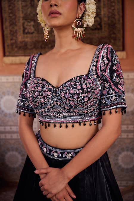 Shop_Kapda Dori_Black Beads, Sequins, Pearls Sweetheart Neck Embroidered Lehenga Set _Online_at_Aza_Fashions