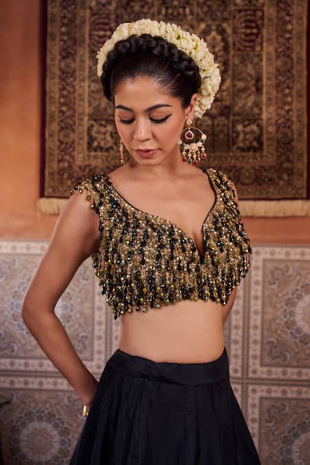 Buy_Kapda Dori_Black Georgette Sequins, Crystals, Pearls V-neck Upada Silk Lehenga Set _Online_at_Aza_Fashions