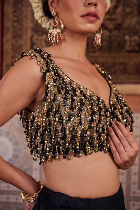 Shop_Kapda Dori_Black Georgette Sequins, Crystals, Pearls V-neck Upada Silk Lehenga Set _Online_at_Aza_Fashions