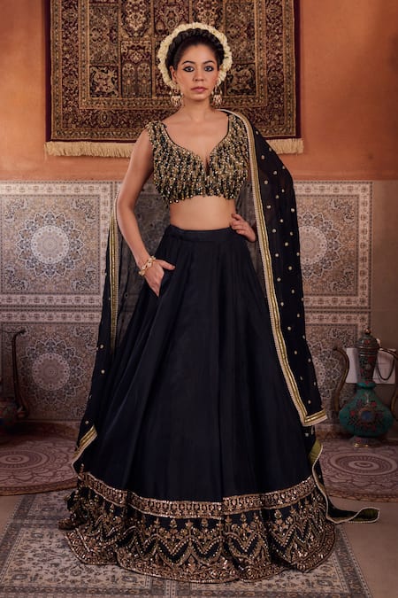 Kapda Dori Black Georgette Sequins, Crystals, Pearls V-neck Upada Silk Lehenga Set 