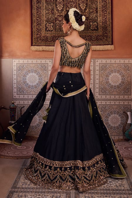 Kapda Dori_Black Georgette Sequins, Crystals, Pearls V-neck Upada Silk Lehenga Set _at_Aza_Fashions