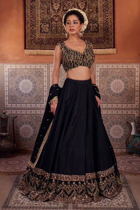 Shop_Kapda Dori_Black Georgette Sequins, Crystals, Pearls V-neck Upada Silk Lehenga Set 