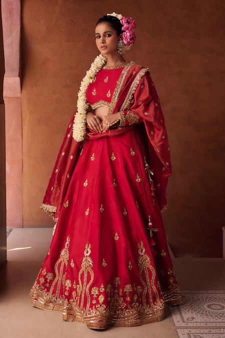 Kapda Dori Red Tissue Sequins, Stones, Pearls Round Redish Coral Embroidered Lehenga Set 