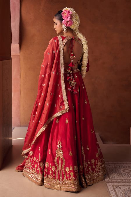 Kapda Dori Redish Coral Embroidered Lehenga Set 