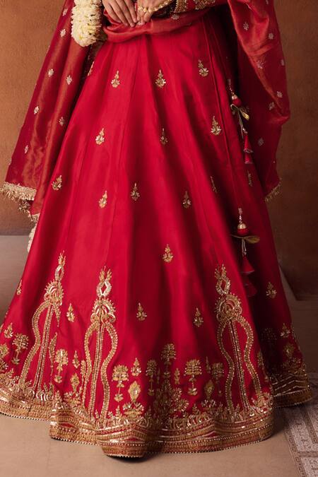 Buy_Kapda Dori_Red Tissue Sequins, Stones, Pearls Round Redish Coral Embroidered Lehenga Set _Online_at_Aza_Fashions