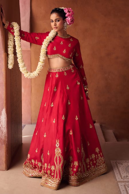 Shop_Kapda Dori_Red Tissue Sequins, Stones, Pearls Round Redish Coral Embroidered Lehenga Set _Online_at_Aza_Fashions