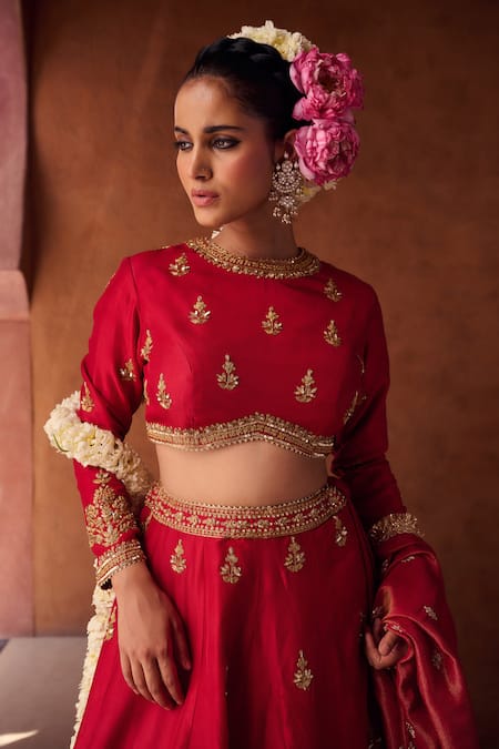 Kapda Dori_Red Tissue Sequins, Stones, Pearls Round Redish Coral Embroidered Lehenga Set _at_Aza_Fashions