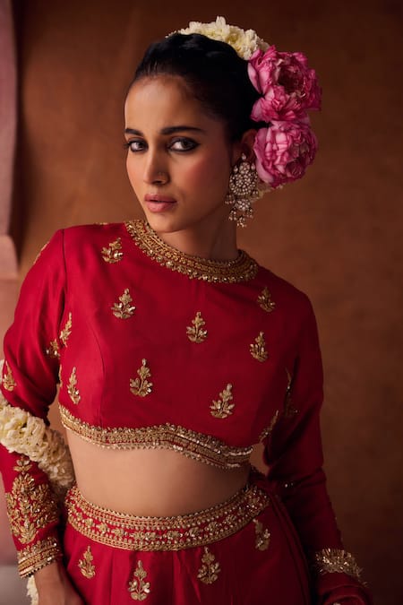 Shop_Kapda Dori_Red Tissue Sequins, Stones, Pearls Round Redish Coral Embroidered Lehenga Set 