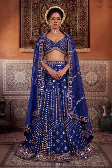 Kapda Dori Blue Silk, Net Mirrors, Sequins, Gota Patti Round Neck Royal Work Lehenga Set