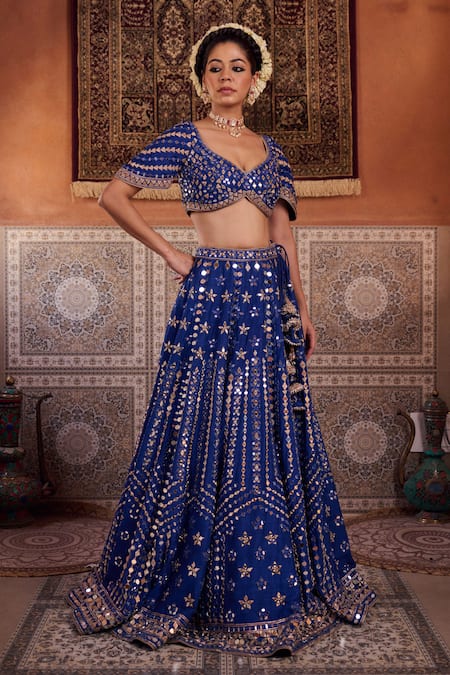 Shop_Kapda Dori_Blue Silk, Net Mirrors, Sequins, Gota Patti Round Neck Royal Work Lehenga Set _Online_at_Aza_Fashions