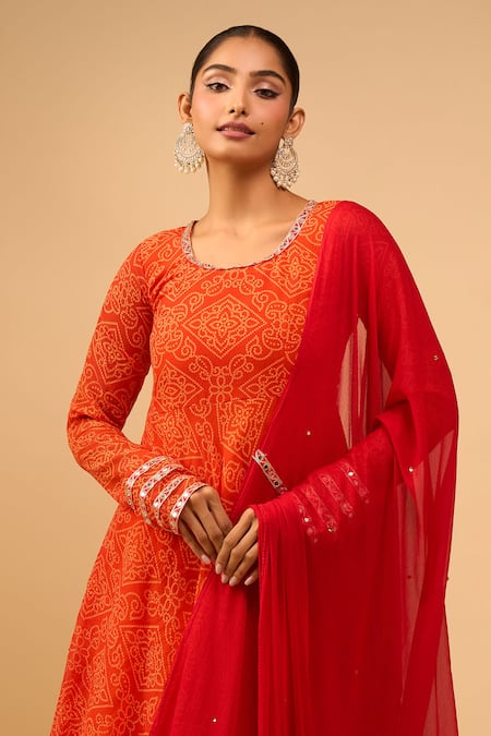 Buy Naintara Bajaj Orange Chiffon Round Neck Embroidered Bandhani Anarkali Set Online at Aza Fashions Buy_Naintara Bajaj_Orange Chiffon Round Neck Embroidered Bandhani Anarkali Set _Online_at_Aza_Fashions