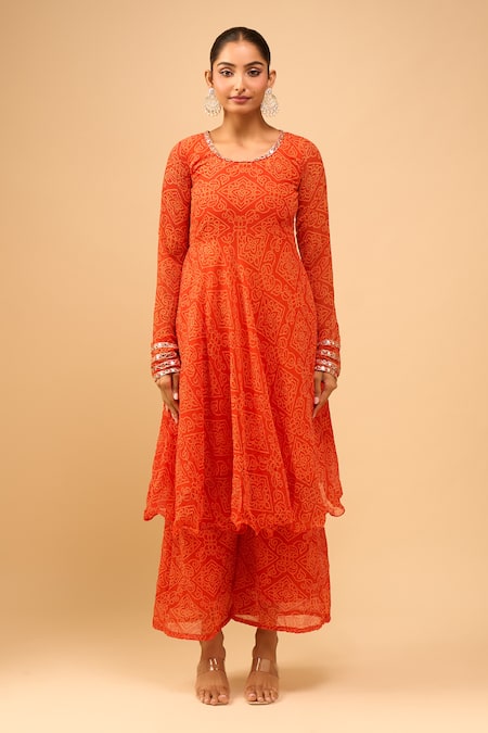Shop Naintara Bajaj Orange Chiffon Round Neck Embroidered Bandhani Anarkali Set Online at Aza Fashions Shop_Naintara Bajaj_Orange Chiffon Round Neck Embroidered Bandhani Anarkali Set _Online_at_Aza_Fashions