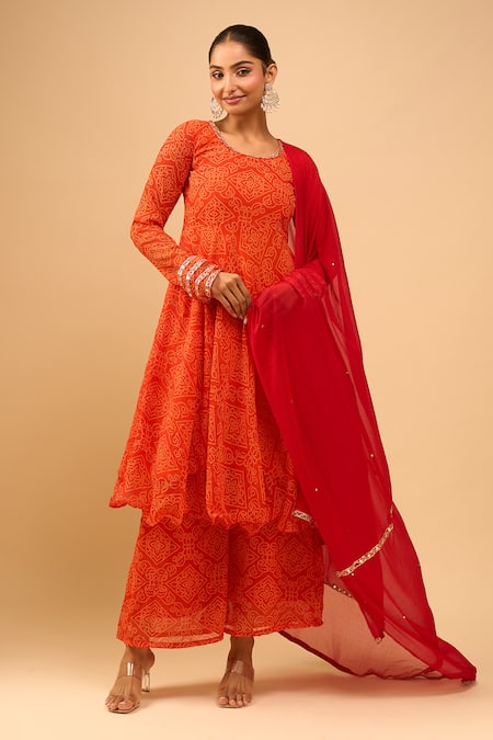 Naintara Bajaj Orange Chiffon Round Neck Embroidered Bandhani Anarkali Set at Aza Fashions Naintara Bajaj_Orange Chiffon Round Neck Embroidered Bandhani Anarkali Set _at_Aza_Fashions
