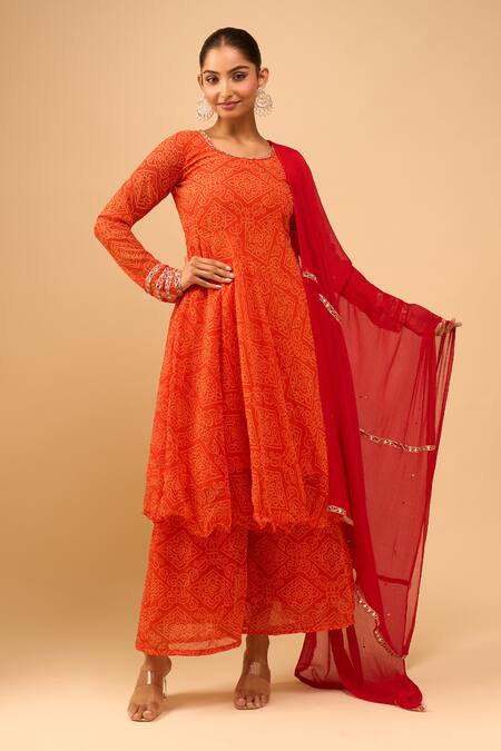 Buy Naintara Bajaj Orange Chiffon Round Neck Embroidered Bandhani Anarkali Set Buy_Naintara Bajaj_Orange Chiffon Round Neck Embroidered Bandhani Anarkali Set
