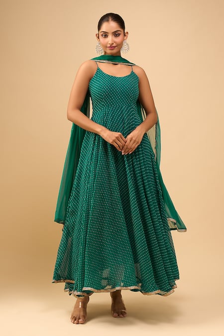 Buy_Samyukta Singhania_Green Georgette, Chiffon Scoop Neck Pine Anarkali Set _Online_at_Aza_Fashions
