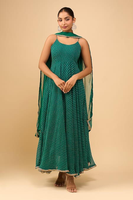 Shop_Samyukta Singhania_Green Georgette, Chiffon Scoop Neck Pine Anarkali Set _Online_at_Aza_Fashions